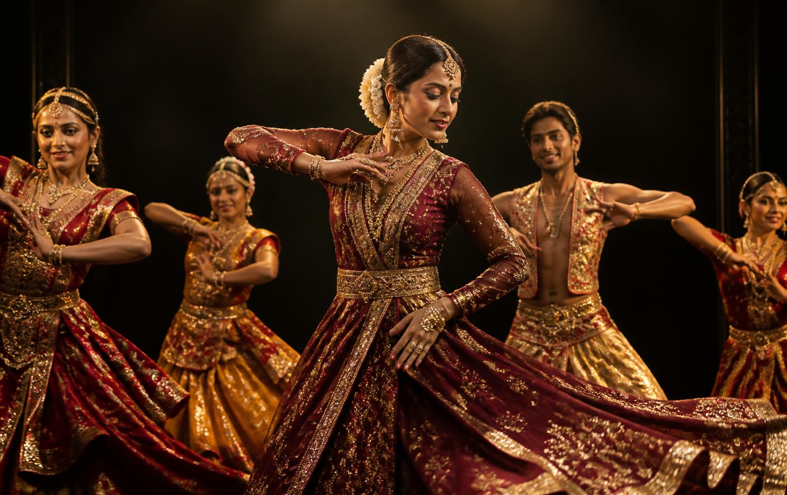 Indian classical dancers performing in embroidered maroon and gold costumes